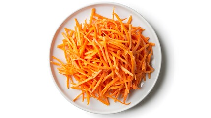 Wall Mural - Fresh julienne carrots on white plate isolated against white background