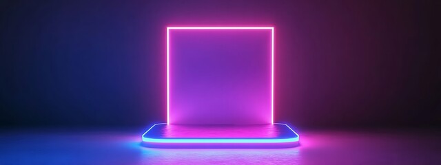 Blue pink neon 3d podium. Futuristic light stage for product display. Abstract glow platform in dark room with geometric led square for presentation. Realistic award pedestal for winner. Generative Ai