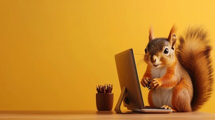 Squirrel office worker with a computer and desk