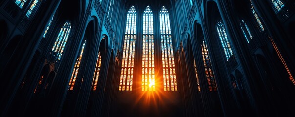 A stunning view of sunlight streaming through tall cathedral windows, creating a vibrant atmosphere of peace and spirituality.