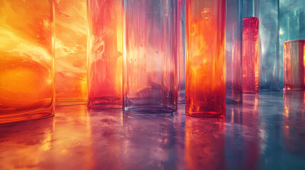 Wall Mural - Glass cylinders reflecting colorful light.