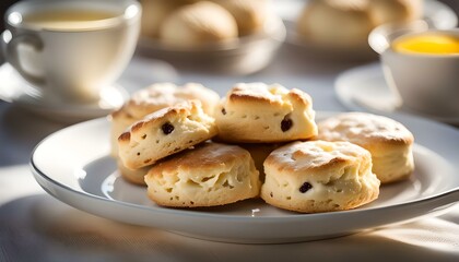 Poster - Scones on a white plate. With fresh butter in a glass
