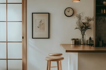 minimalist kitchen interior with wooden counter, two stools, and a framed botanical print.