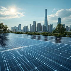 Rooftop Solar Panels Reflecting Sunlight, A vibrant array of solar panels glistening under the bright sun, promoting renewable energy solutions.