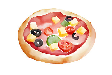 Delicious pizza with tomato, cheese drawn in watercolor isolated on a white background