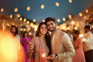 Sticker - Indian couple holding firecrackers in hand celebrating on diwali festival.