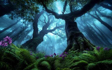 A deep, magical forest with trees so large their branches seem to touch the sky, and the forest floor is carpeted in lush ferns and flowers that glow with a soft light