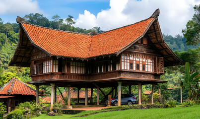 traditional indonesian house on stilts, with intricate carvings and a red tile roof.