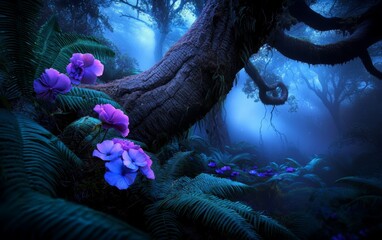 A deep, magical forest with trees so large their branches seem to touch the sky, and the forest floor is carpeted in lush ferns and flowers that glow with a soft light