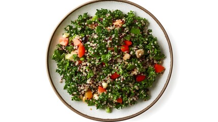 Wall Mural - Vibrant quinoa salad with kale, cherry tomatoes, and fresh vegetables on white plate