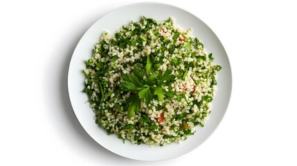 Wall Mural - Freshly prepared tabbouleh salad garnished with parsley on white plate