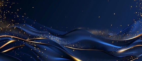 Wall Mural - elegant dark blue background with shimmering golden particles and bokeh light effects, featuring fes