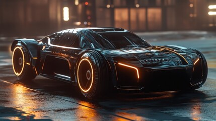 A futuristic black car with glowing accents parked in a sleek urban environment.