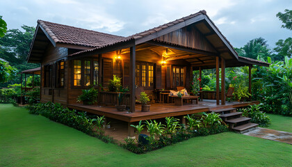 A traditional wooden bungalow with a large covered porch and steps leading down to a lush green lawn.