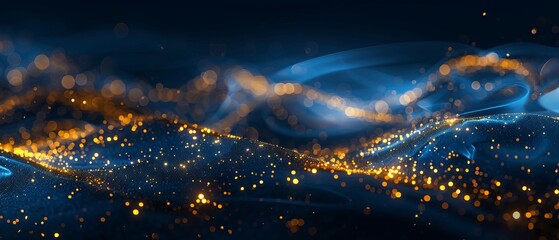 Wall Mural - elegant dark blue background with shimmering golden particles and bokeh light effects, featuring fes