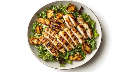 Wall Mural - Grilled chicken salad with mixed greens and roasted potatoes on a white plate