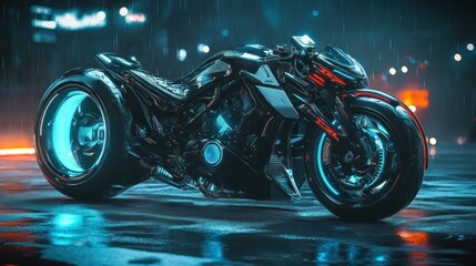 A futuristic motorcycle parked on a wet street illuminated by neon lights.