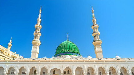 A mosque with two minarets and a green dome.