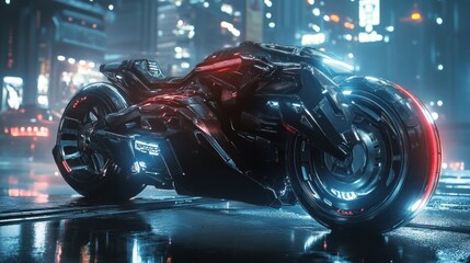 Wall Mural - A futuristic motorcycle illuminated in a neon-lit urban environment.