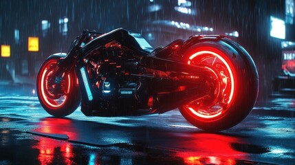 Wall Mural - A futuristic motorcycle with glowing wheels in a rainy urban setting.