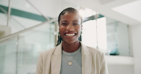 Poster - Black woman, face and laughing with smile at office in confidence for affirmative action with positive attitude. Portrait, African person and creative reporter in business press at news startup