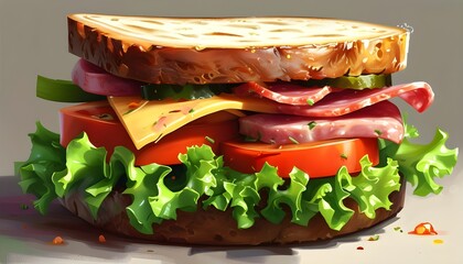 Delicious sandwich illustration featuring fresh lettuce, ripe tomato, melted cheese, and savory meat for mouthwatering food designs