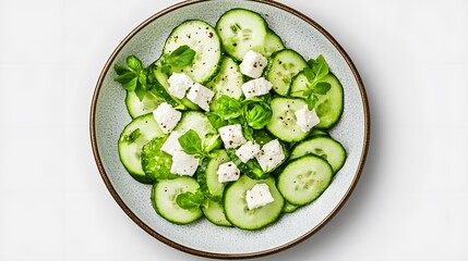 Wall Mural - Fresh cucumber salad with feta and basil on a textured plate