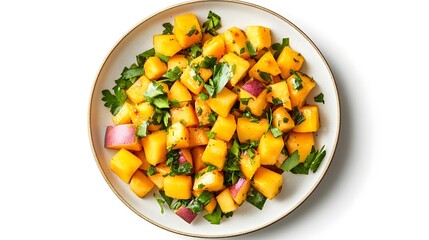 Wall Mural - Fresh summer peach and herb salad on white plate