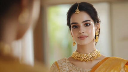 Sticker - a female model wearing modern Indian attire and gold jewellery