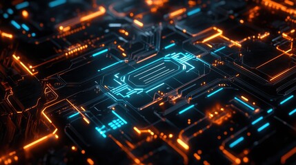 Abstract futuristic circuit board with glowing lines and a central processor.