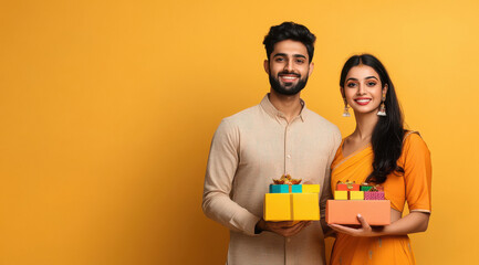 Canvas Print - Indian couple holding gift box in hand on Diwali festival