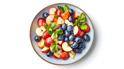 Fresh fruit salad with blueberries and apples on a grey plate