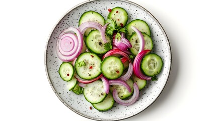 Wall Mural - Fresh cucumber and red onion salad with herbs and seasoning