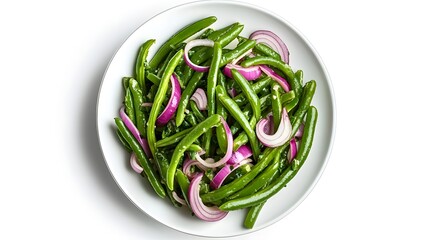 Fresh green bean salad with red onion on white plate for a healthy meal