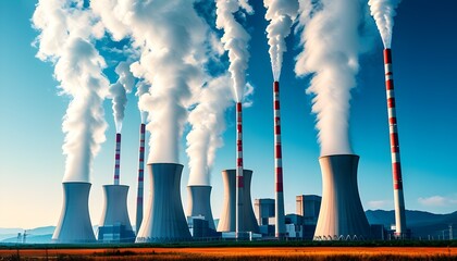 Industrial landscape of a nuclear power plant with towering chimneys releasing smoke, highlighting the environmental implications of energy production