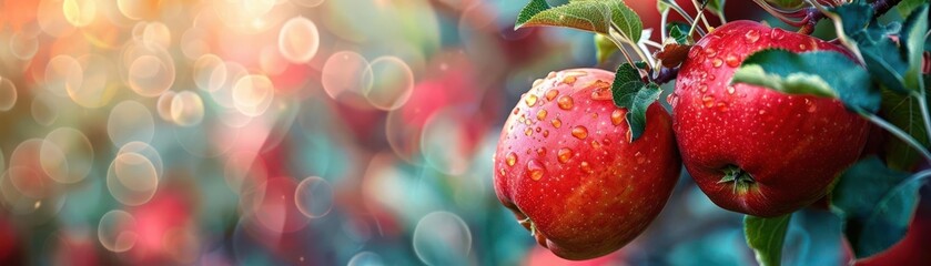 Closeup of two red apples on a branch, bokeh background.