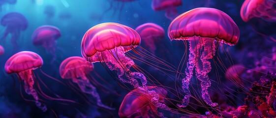 Vibrant jellyfish gracefully swimming in a luminous underwater scene, showcasing colorful tentacles in deep blue waters.