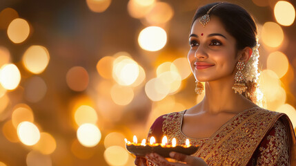 Sticker - A graceful woman in a traditional Indian lehenga choli, holding a diya plate during Diwali celebrations