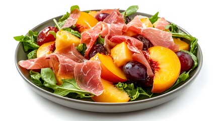 Wall Mural - Fresh salad with prosciutto, peaches, grapes, and arugula in a bowl