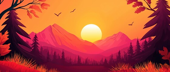 Canvas Print - Vibrant sunset over mountains with silhouettes of trees and birds, creating a serene and picturesque natural landscape.