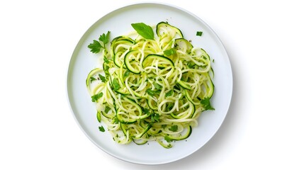 Wall Mural - Fresh zucchini noodles with parsley and basil garnish on white plate