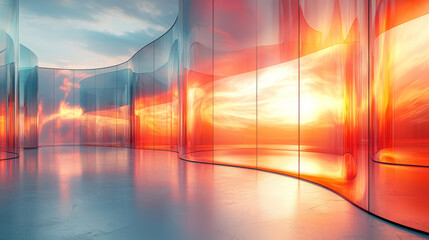 Poster - Curved glass walls reflect a vibrant sunset.