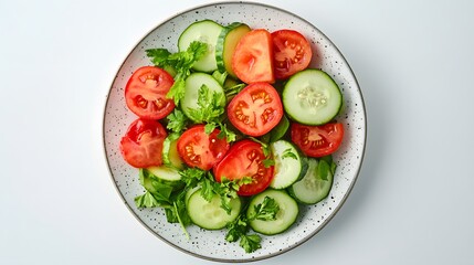 Wall Mural - Fresh cucumber and tomato salad with herbs on a speckled plate