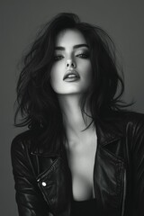 Wall Mural - A beautiful woman in a black leather jacket and dark make-up posing while looking at the camera. Black and white fashion photography. Fashion. Style.	