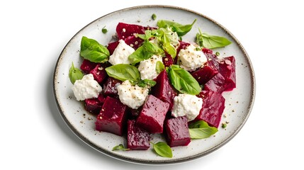 Wall Mural - Fresh beet salad with ricotta and basil on a ceramic plate