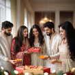© PRASANNAPIX - A group of indian friends in traditional attire standing together , holding and smiling at an open red gift box filled with sweets or candies on diwali festival.