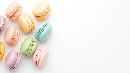 Soft pastel macarons arranged in a rainbow gradient on a white background, candy-colored dessert aesthetics, joyful and sweet food photography concept.