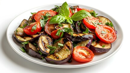 Wall Mural - Fresh grilled eggplant and tomato salad with basil garnish on white plate