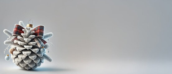 Snowy Christmas pine cone decorated with branches and pines on white isolated background with empty spce for text, 3d	