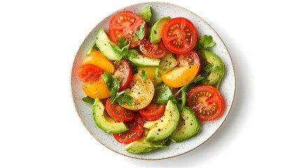 Fresh tomato and avocado salad with herbs and pepper on a white plate